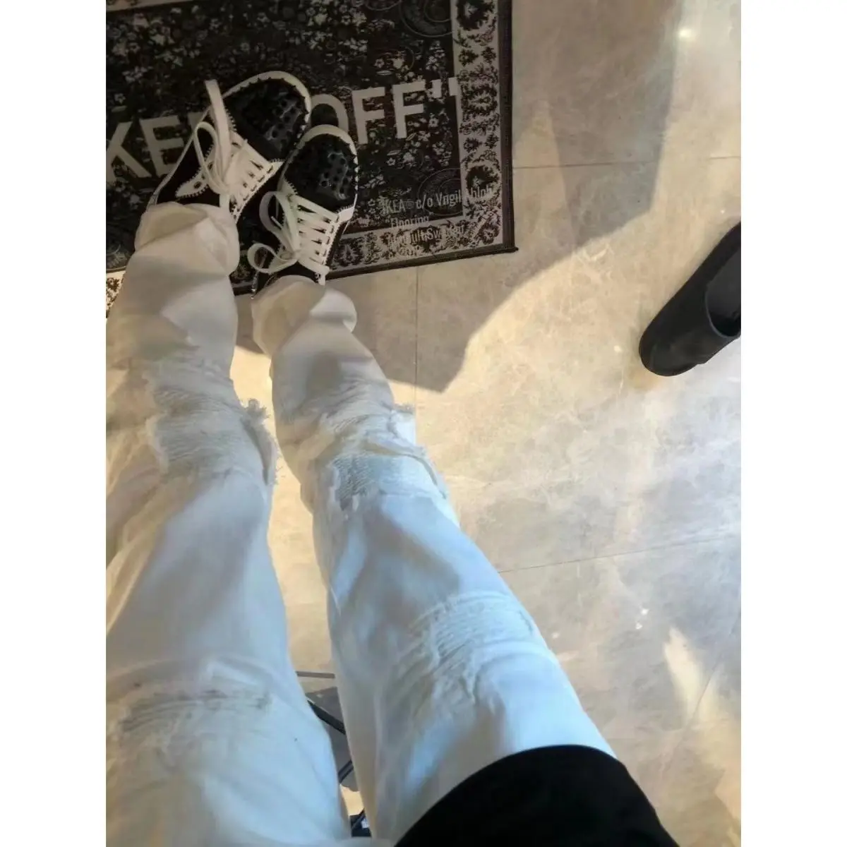 High Street Streetwear Clothing Fog Style Trend Fake Ripped Pleated Jeans Men Summer Cargo Slim Bootcut Designer White Trousers — image 3