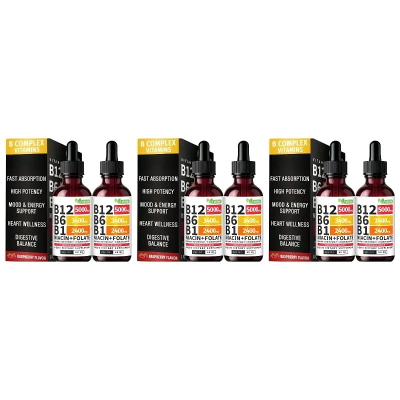 B12 B6 B1 Niacin Folate Liquid Sublingual Vegan B-Complex Drops for Daily Energy and Focus Support Raspberry for Men Women 60 ML