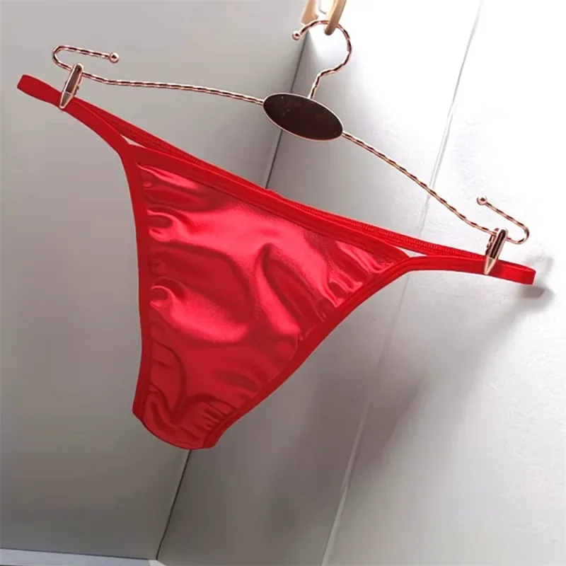 2PCS Men's T-back Thong Sexy Thin Strap Glossy Ice Silk Underwear Male U Convex Night Bikini Low Waist Plus Size Satin G-strings