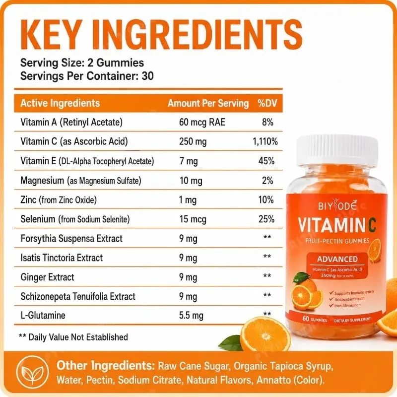 Βιταμίνη C Gummies 250mg με βιταμίνες Α και Ε Μασώμενα πηκτίνης πορτοκαλιού φρούτων 60 Count καθημερινή διατροφή για ενήλικες άνδρες και γυναίκες — image 6