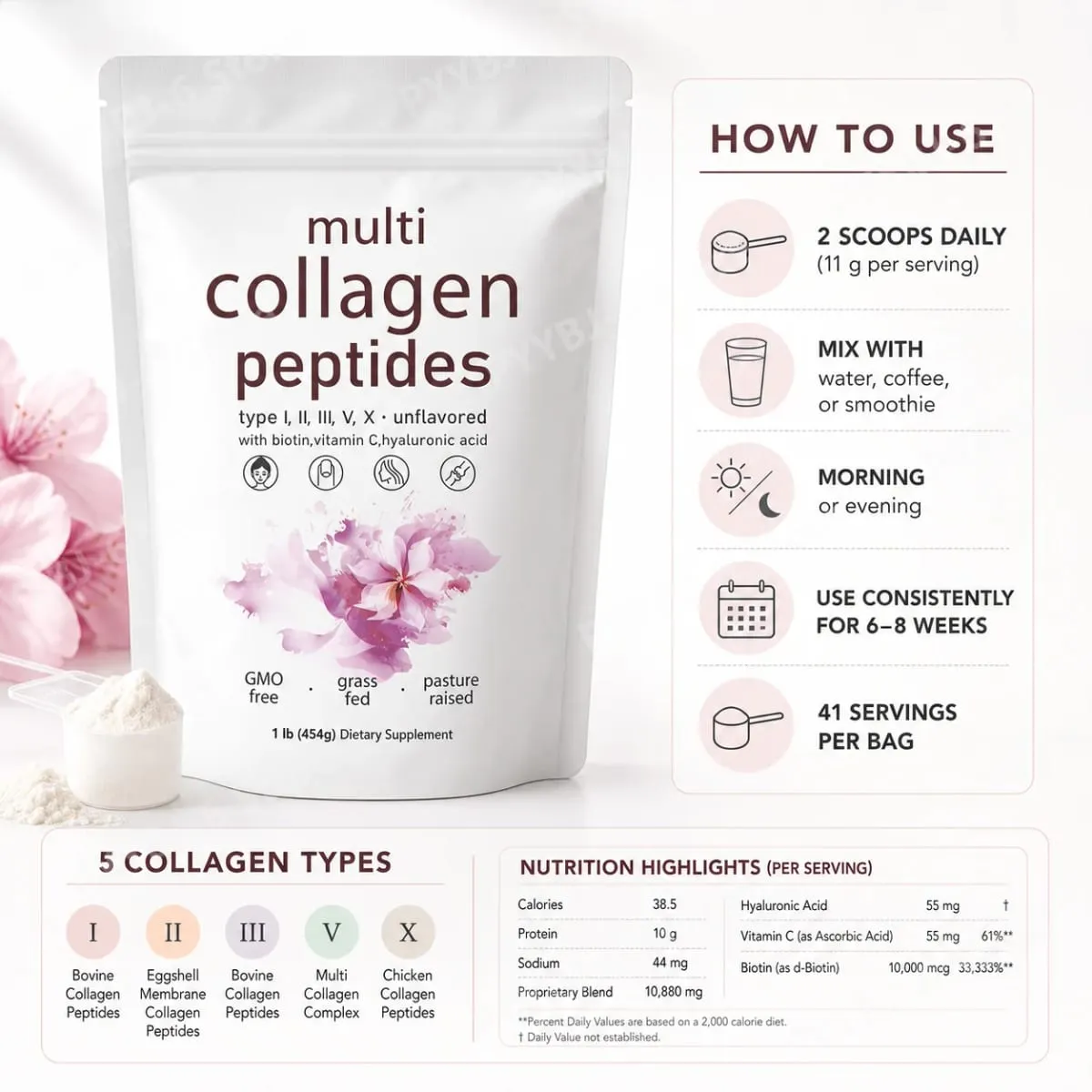 Multi Collagen Peptides Powder 454g Unflavored Collagen Blend with Vitamin C Biotin Hyaluronic Acid Skin Hair Nails Support — image 5
