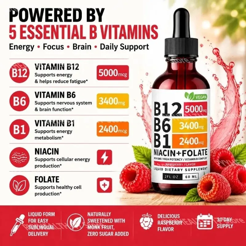 B12 B6 B1 Niacin Folate Liquid Sublingual Vegan B-Complex Drops for Daily Energy and Focus Support Raspberry for Men Women 60 ML