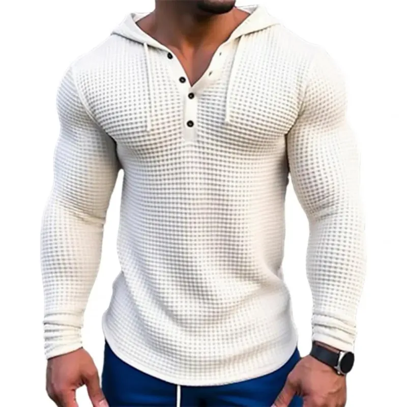 Camiseta de manga larga ajustada de Color sólido para primavera, Top deportivo transpirable con capucha para hombre, camisa informal de manga larga de algodón Waffle