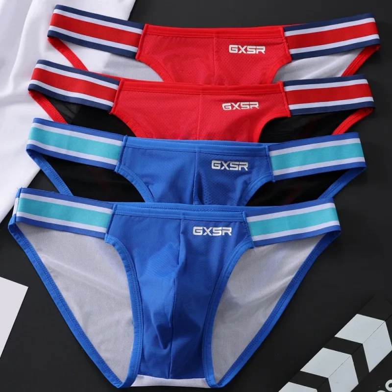 New GXSR splicing side waist high fork men's briefs threaded ice silk fashionable low waist sports hip lift men's underpants — image 2