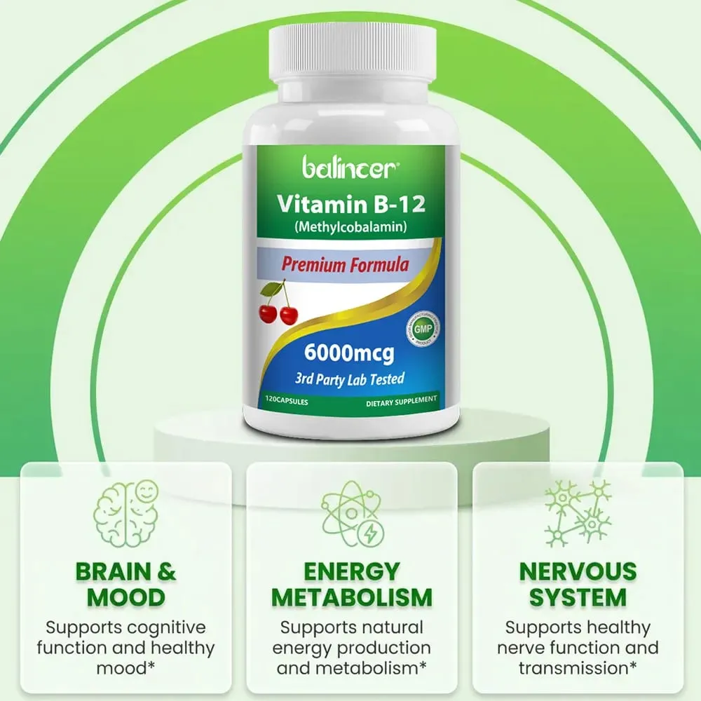 Vitamin B12 Supplement 6000mcg - Energy Brain Memory Mood Heart Function Nervous & Immune System Support 30/60/120 Capsules — image 5
