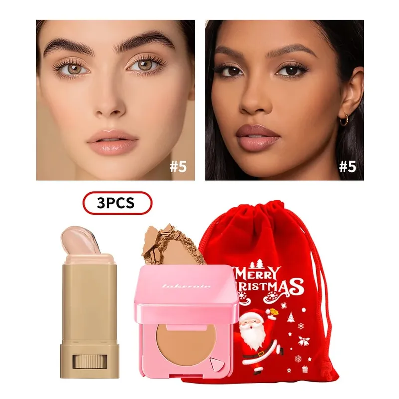 3Pcs Foundation Stick Face Pressed Powder Compact with Christmas Drawstring Bag Long Lasting Matte Face Cosmetic Christmas Gift — image 11
