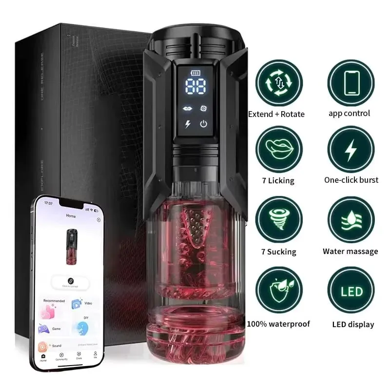 APP LED Automatic Mane Masturbator Cup 7 Summing Περιστρεφόμενο Licking Thatting Modes Pocket Pussy Stroker Blowjob Sex Toys for Men