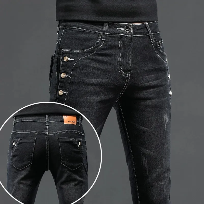 New Men Slim Korean Button Jeans Μαύρο Skinny μονόχρωμο Stretch με πολλά κουμπιά Ανδρικό τζιν παντελόνι Streetwear