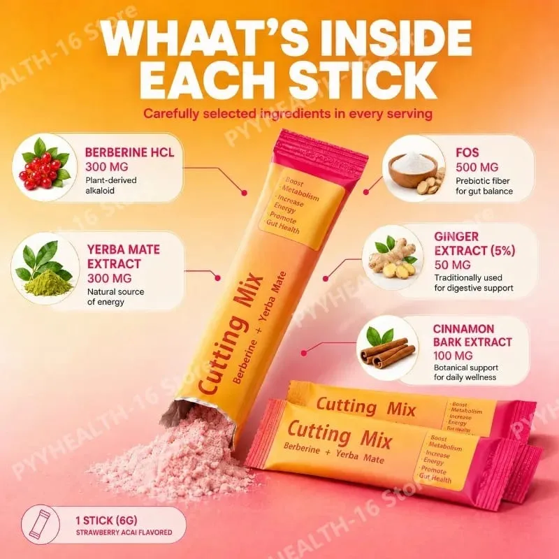Berberine Yerba Mate Drink Mix Cutting Metabolism & Energy Support Strawberry Acai Flavor Gut Wellness 30 Stick Packs 180g