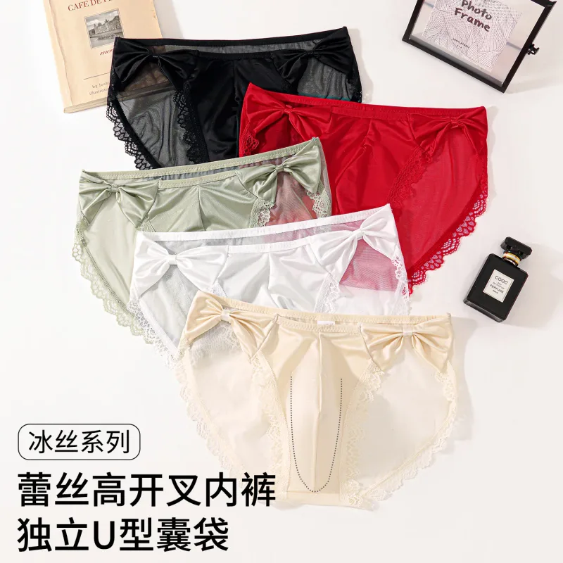 Women Panties for Men Bow High Cut Briefs Lace Mesh Sheer Underwear U Convex Pouch Breathable Underpant French Style Nightwear — image 20