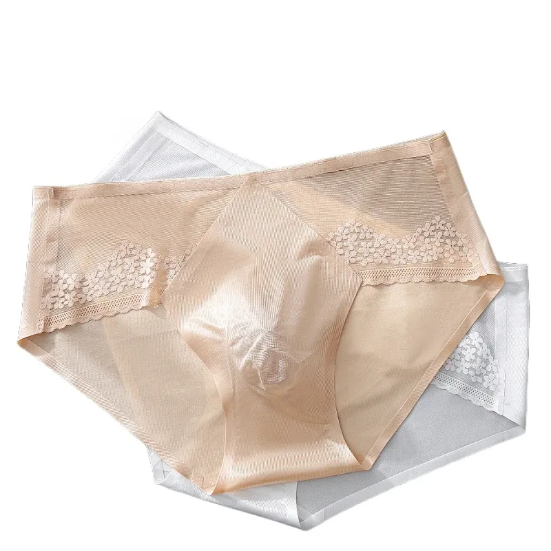 Men Briefs Summer Ultra-Thin Ice Silk Panties 3D Stamping Silk Splicing Lace See Through Underwear Seamless Sissy Underpants — image 1