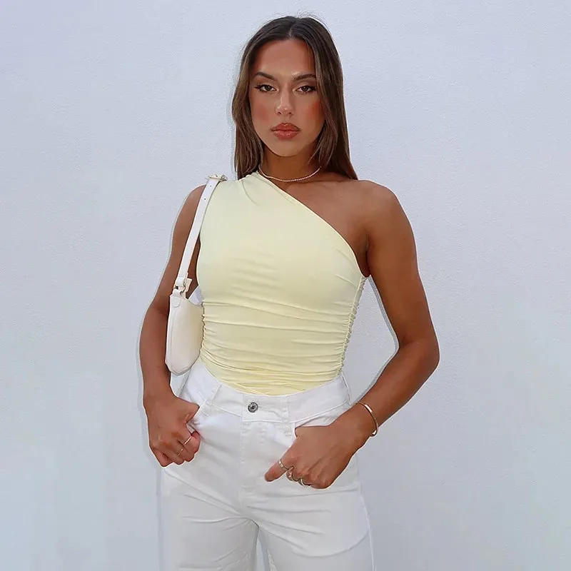 Solid Color One Shoulder Backless Shrink Tank Top T-Shirt Candy Color Tight Sexy Sleeveless Neckless Slim Casaul Top — image 6
