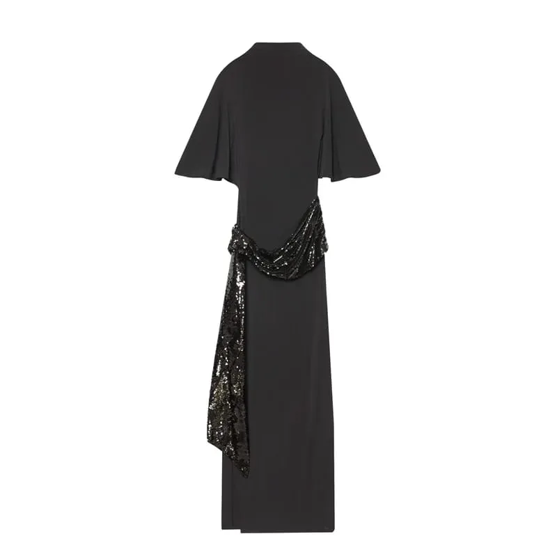 Női, hát nélküli flitteres patchwork maxi ruha Elegáns, széles ujjú, hosszú ruhák, nőies, új divatos esti parti napi köntösök — image 6