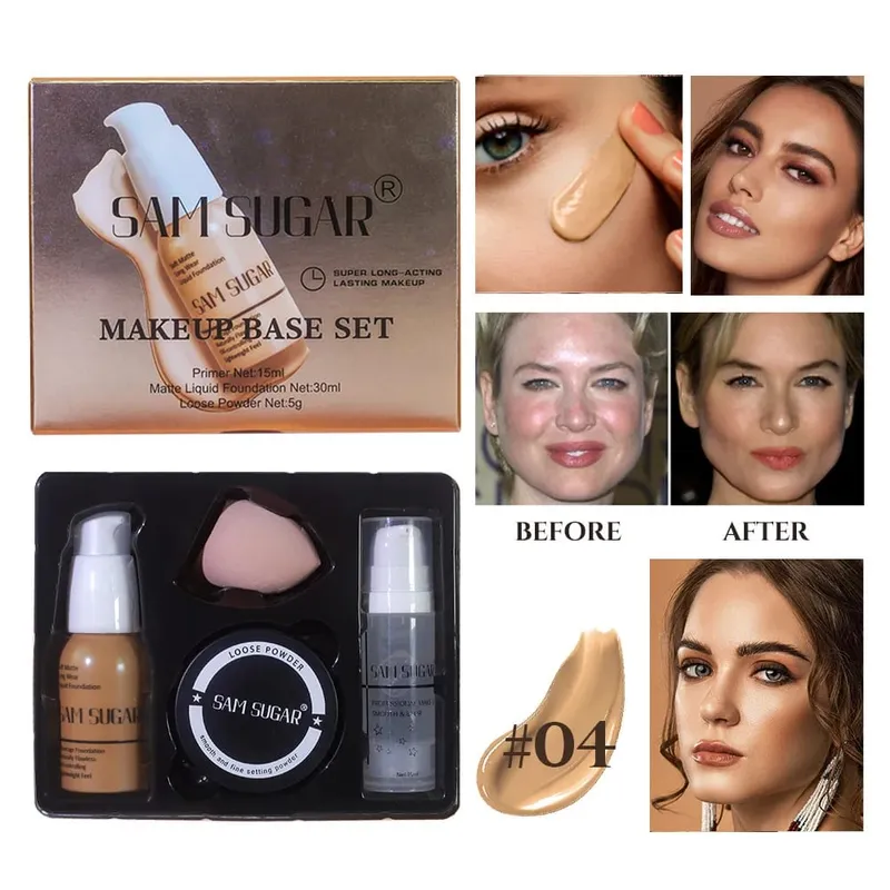 Σετ βάσης μακιγιάζ με 15ml Primer 30ml Matte Foundation 5g Loose Powder Puff για λεία και άψογη επιδερμίδα Μακριά ρούχα