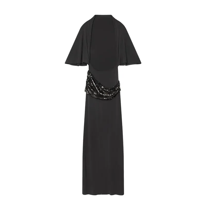 Női, hát nélküli flitteres patchwork maxi ruha Elegáns, széles ujjú, hosszú ruhák, nőies, új divatos esti parti napi köntösök