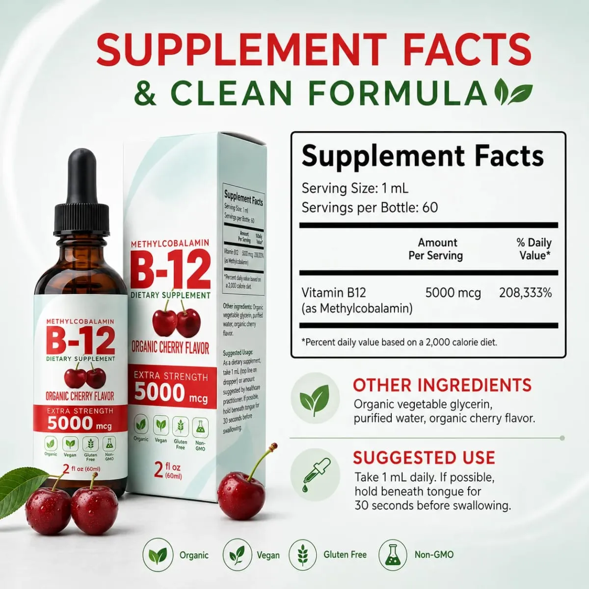 Vitamin B12 Drops 5000mcg Υγρό Υπογλώσσιο Συμπλήρωμα Μεθυλοκοβαλαμίνης Γεύση Κεράσι Vegan Χωρίς Ζάχαρη Καθημερινή Διατροφή 60ml — image 4