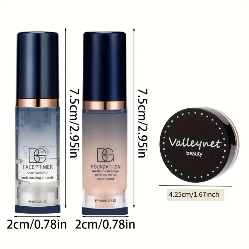 3 τμχ/Σετ Velvet Face Set Foundation+Primer+Concealer Αδιάβροχο και μακράς διαρκείας Matte Effect Κατάλληλο για αρχάριους Σετ ταξιδιού.