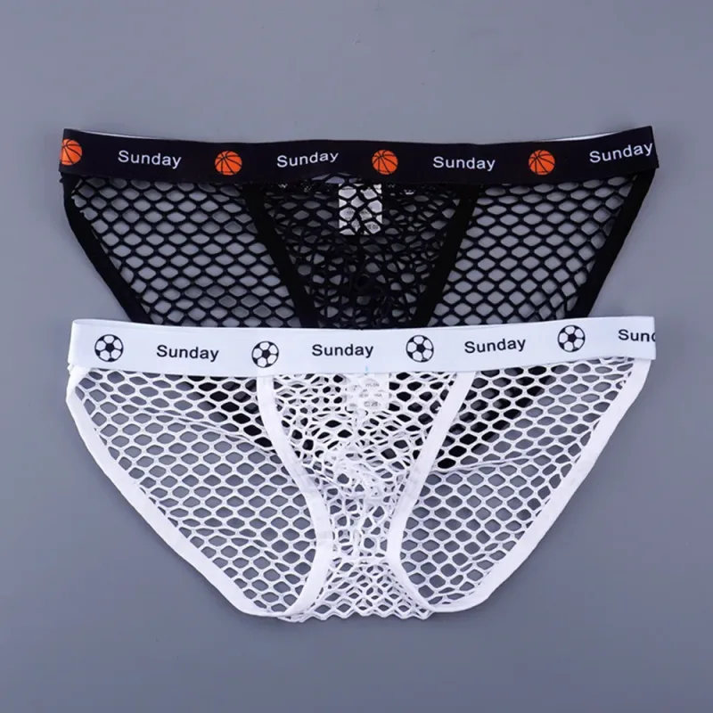 2PCS Basketball Letters Print Low Waist Men Sexy Transparent Nylon Briefs Male Large Mesh Fishnet Underwear for Sports