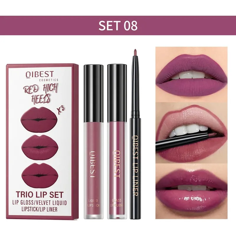 Ματ Liquid Lipstick & Lip Liner & Lip Gloss Σετ 3 τμχ Αντικολλητικό Κύπελλο μεγάλης διάρκειας Κόκκινο μαύρο μωβ Κιτ καλλυντικών για απόχρωση χειλιών — image 10