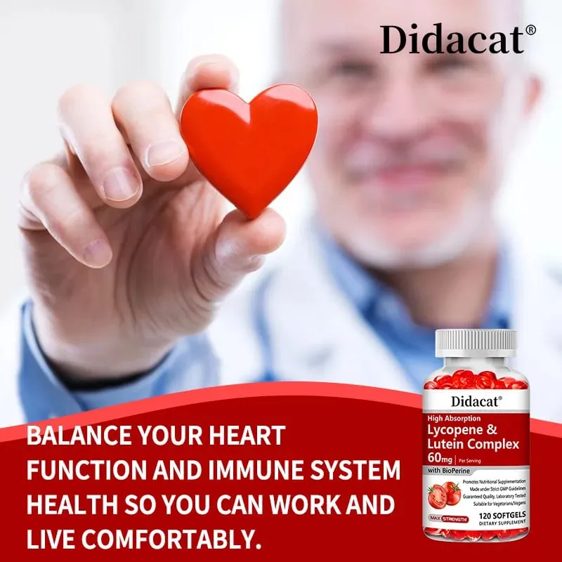 Lycopene + Lutein Complex 60mg with Bioperine Dietary Supplement for Prostate Heart & Eyes Health Antioxidant Non-GMO