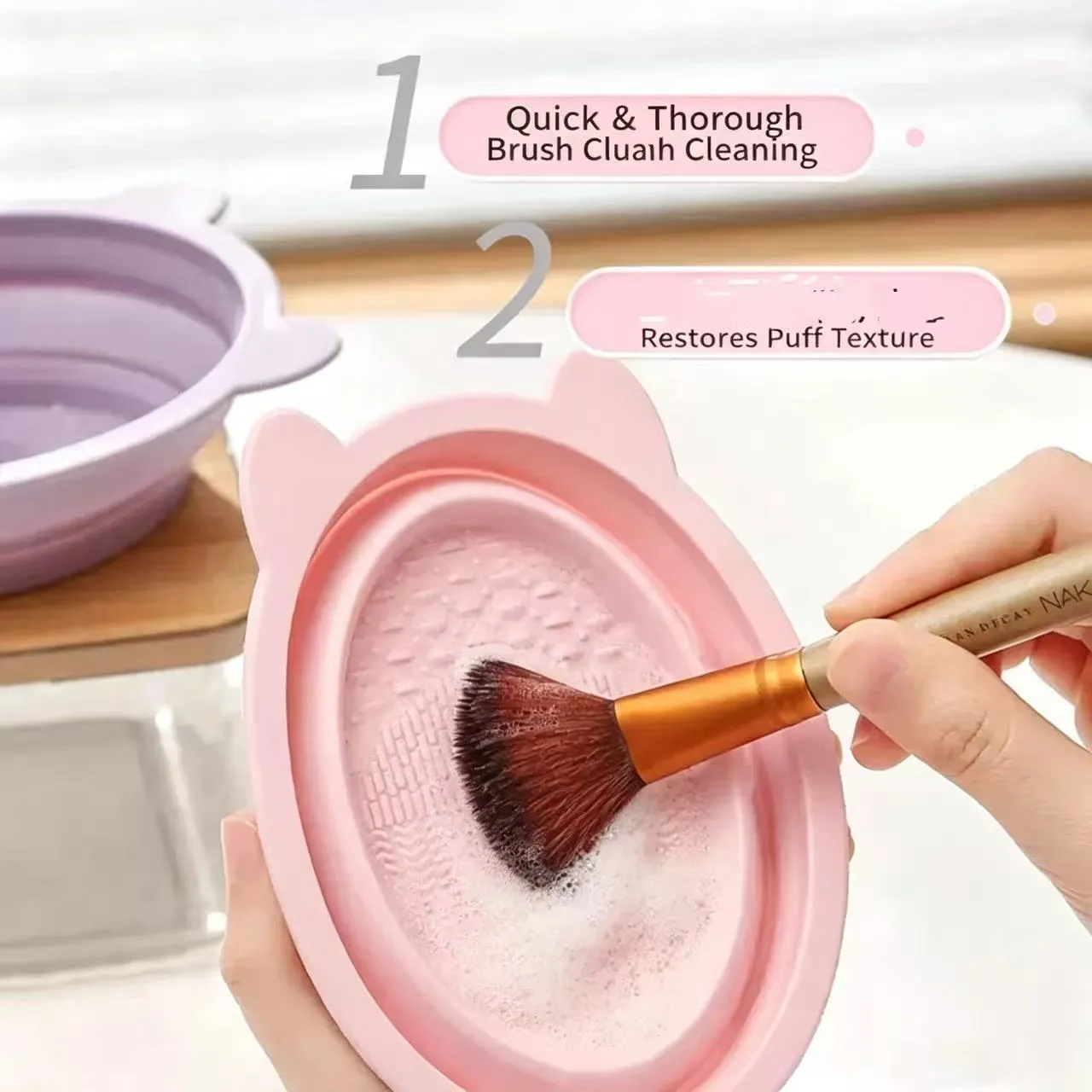 Bonito em forma de orelha dobrável silicone maquiagem escova de limpeza tigela de lavagem dobrável para pincéis de maquiagem beleza liquidificador portátil