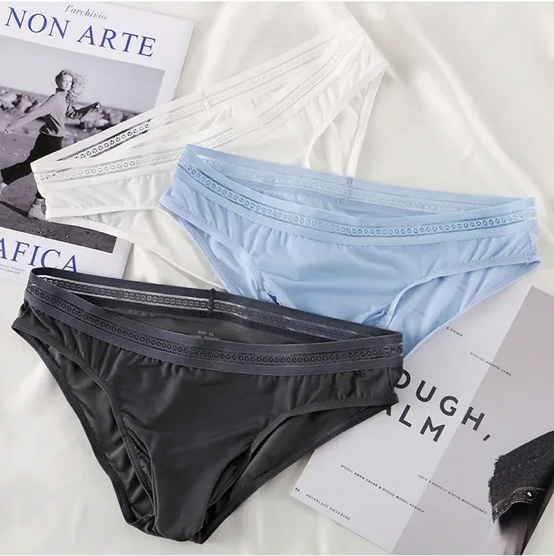 1/3PCS Men's Ice Silk Briefs Ultra-thin Quick Dry High Elastic Lace Waistband Panties Sexy Seamless Breathable Bikini Underwear — image 23