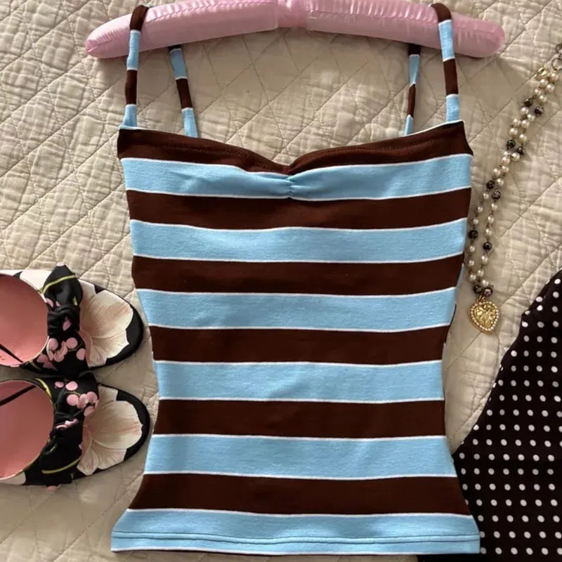 Color Block Stripe Twist Front Spaghetti Strap Cami Top Slim Fit Y2K Sweet קיץ גופייה ללא שרוולים — image 2