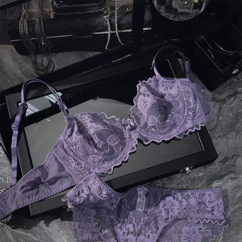 Γαλλικό Ultra Thin Sheer Lace Σετ σουτιέν Underwire Perspective Beauty Back Μεγάλο μπούστο Minimizer Side Shaping Anti Sag 32-38 Σετ σουτιέν