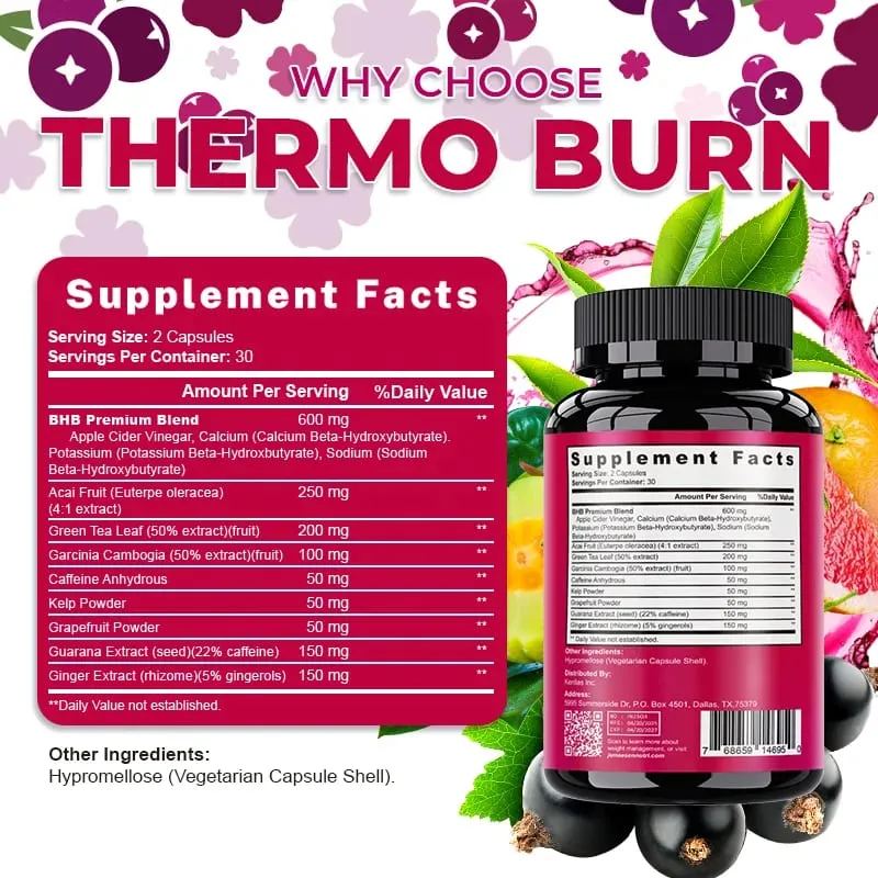 BHB Dietary Capsules with BHB Premium Blend Acai Fruit Green Tea Leaf Anti-carb Diet and Fat Burning Metabolism Boost Detox