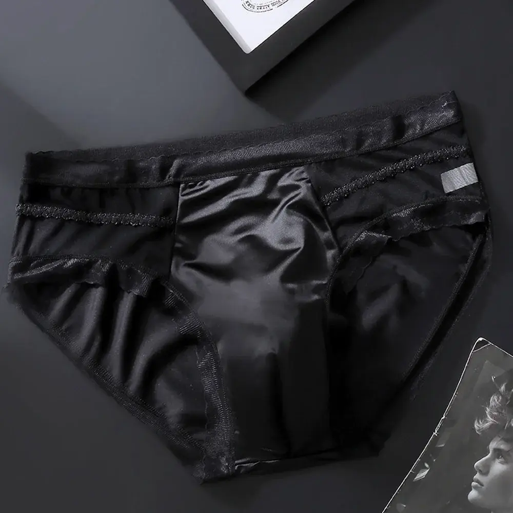 Men's Low Waist Triangle Underwear Sexy Elastic Lace Trim Silk Pouch Ultra-Thin Seamless Underpants plus Size Lingerie — image 2