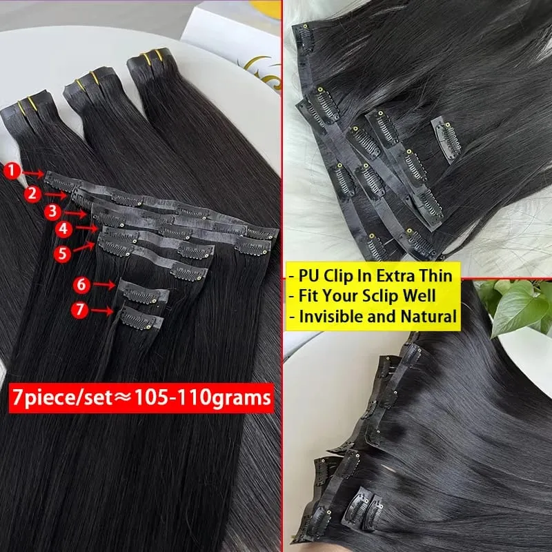 Insible Seamless Clip Ins Bone Straight Human Hair Unprocessed Raw Hair PU Weft Extensions Full Head 7Pcs/Set Clip on Hair — image 4