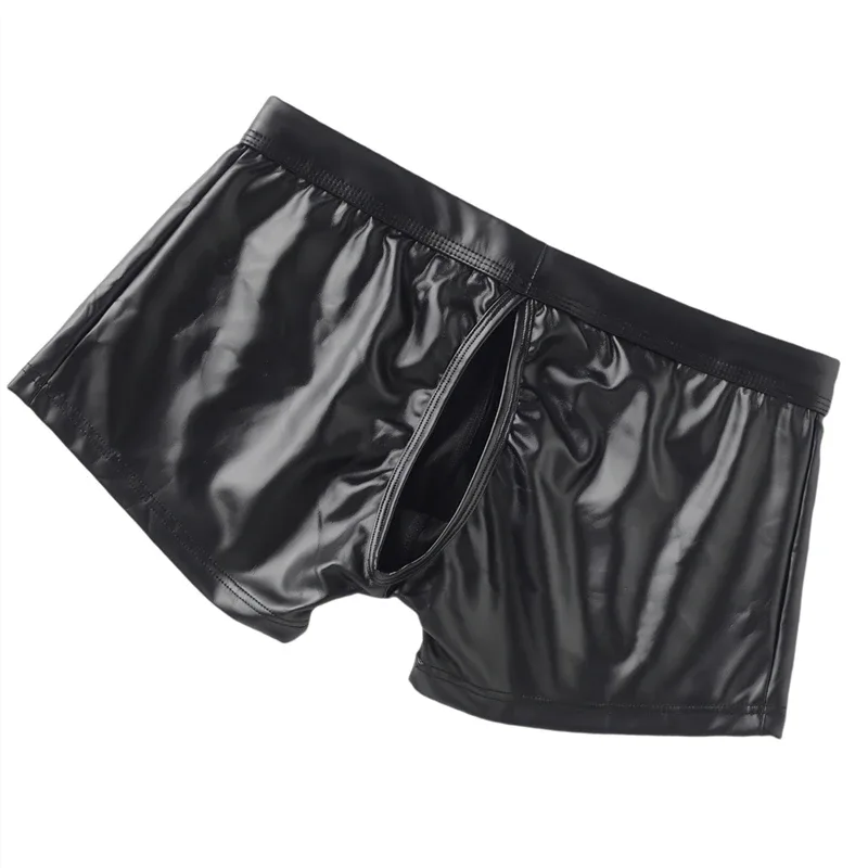 Men's Panties Male Openable Button Underpants Man Sexy Faux Leather Boxers Underwear Hombre Boxershorts Mens Back Hole Boxers