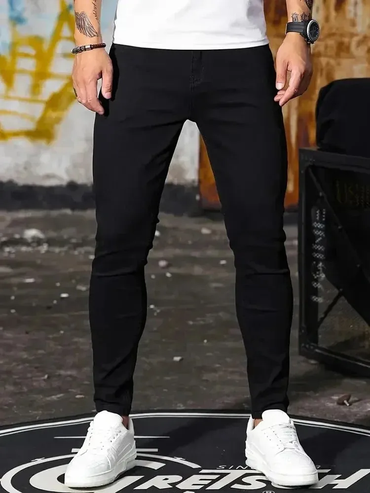 Ανδρικό τζιν Stretch Skinny τζιν παντελόνι μονόχρωμο μαύρο μπλε άνοιξη Luxury Street Harajuku Hip-Hop Slim Fit Παντελόνι Μάρκα