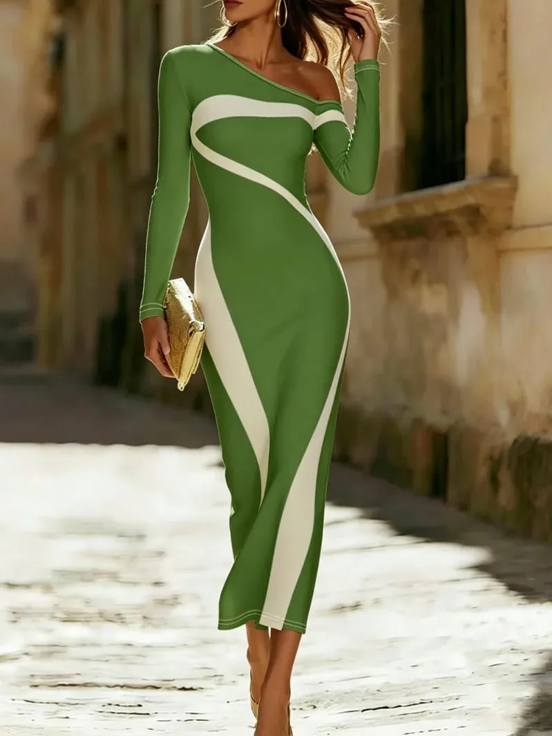 Slimming Irregular Design Shoulder Baring Waist Cinching Tight Fitting Hip Hugging Long Skirt for Women