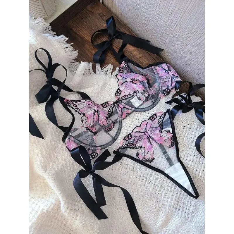Reggente Pizzo Francese Farfalla Rete Trasparente Spalline Elastiche Senza Spugna Σετ Intimo S-XL Nuovo Morbido — image 2
