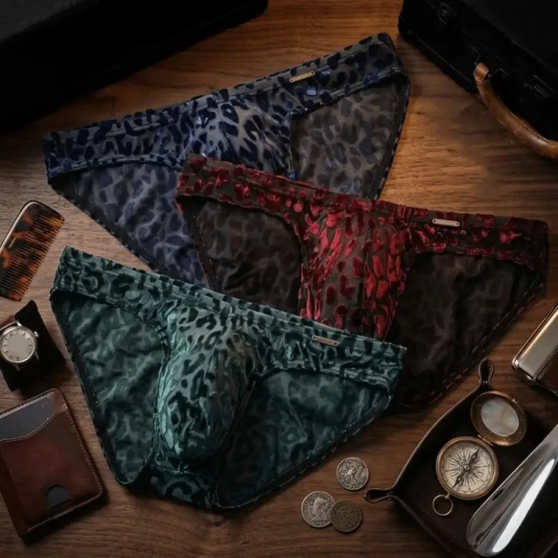 Quick Dry Ice Silk Men Briefs Lingerie Low Waist Sheer Underwear Convex Pouch Transparent Leopard Print Panties Male — image 14