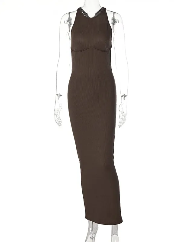 Hugcitar Ribbed Solid Hollow Out Backless Sleeveless Sexy Slit Mini Dress Bodycon 2025 Spring Women Outfits Elegant Party Y2K
