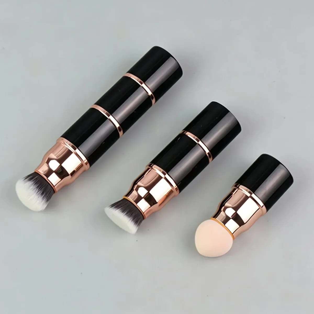 3in1 Mini Portable Makeup Brush with Dust Cap Detachable Sponge Angled Foundation & Powder Heads Bionic Hair Sturdy Aluminum — image 3