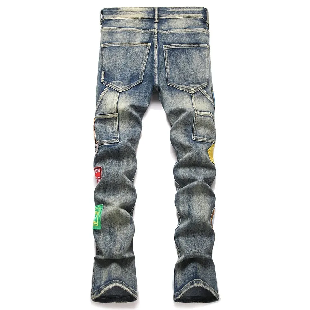 Ανδρικό Badge Patch Boot Cut Jeans Rivet Vintage Ρετρό Μπλε Stretch Τζιν Παντελόνι Streetwear Slim Flared Παντελόνι — image 2