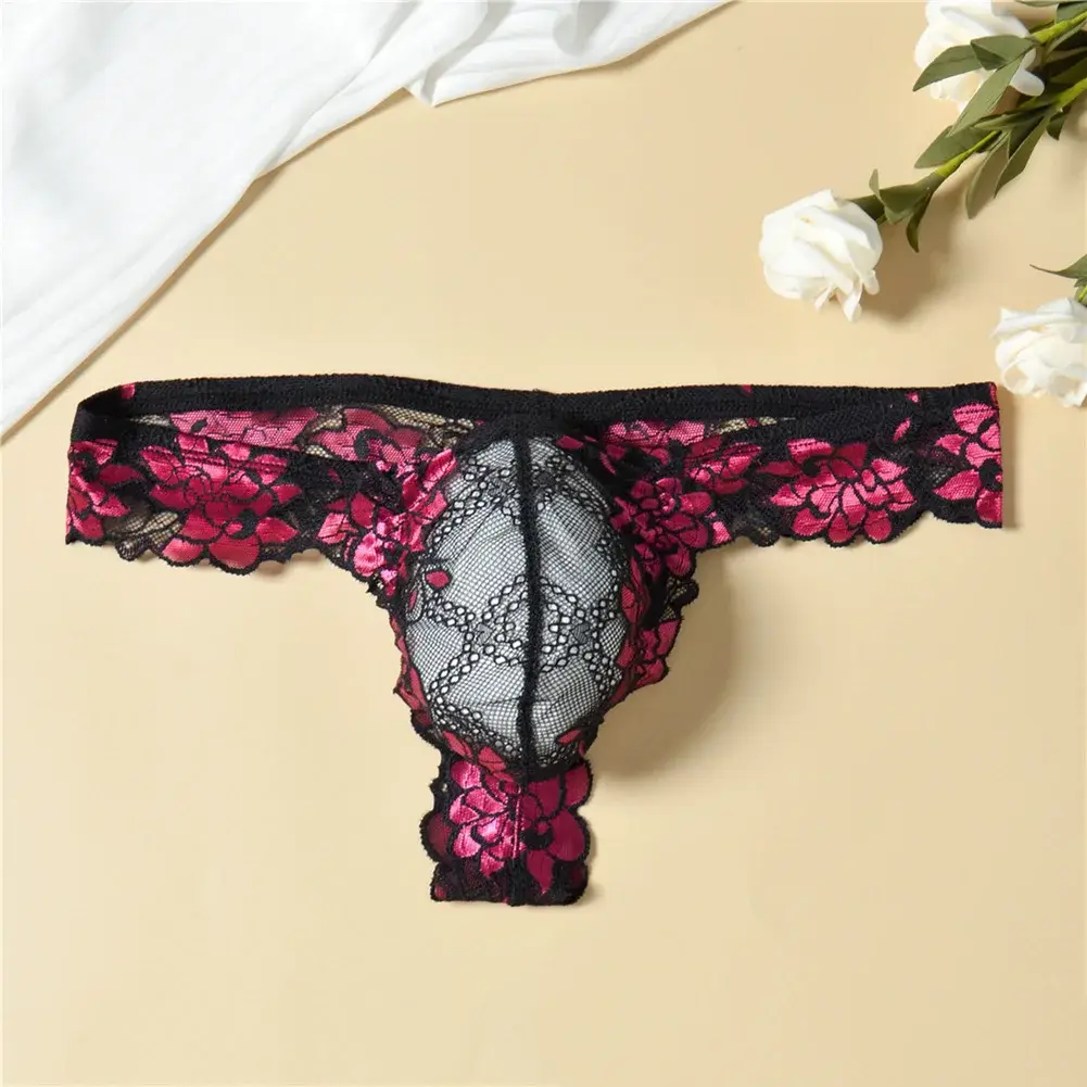 Men Floral Lace Thong Low Rise Elastic Waist G‑String Breathable See‑Through Floral Print Male Underwear Sexy Lingerie Panties — image 16