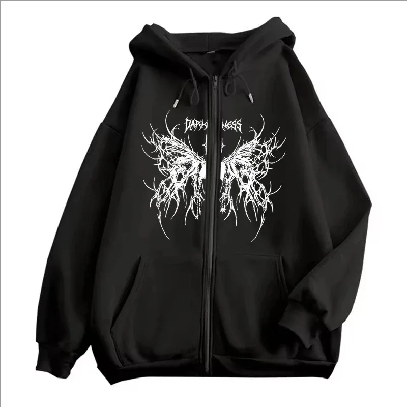 Men Gothic Dark Angel Zipper Hoodie Women Vintage Fashion Streetwear Y2K Hip Hop Long Sleeve Fleece Sweatshirts Jacket Coat