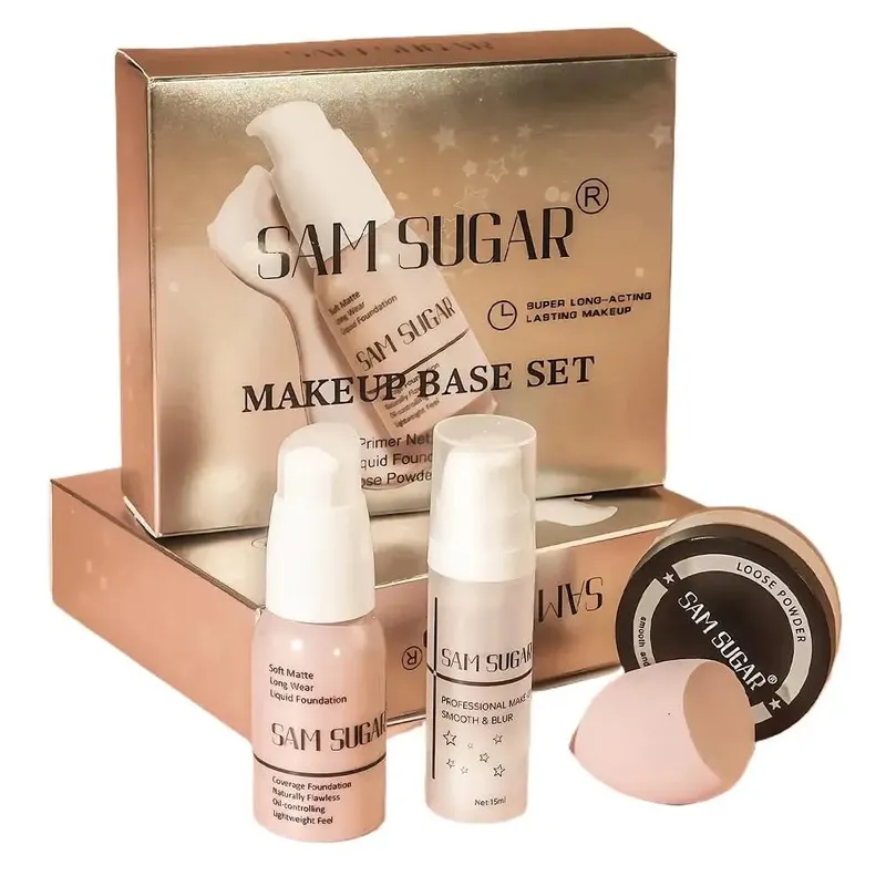 Σετ βάσης μακιγιάζ με 15ml Primer 30ml Matte Foundation 5g Loose Powder Puff για λεία και άψογη επιδερμίδα Μακριά ρούχα