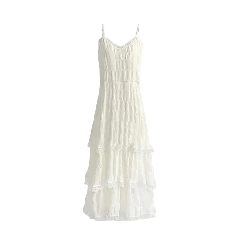 Καλοκαιρινό Befree Long Vintage Casual Ruffles Κομψό Maxi Strap Camis Silky Beach Lace Κομψό φόρεμα για πάρτι Vestidos Sexy Women