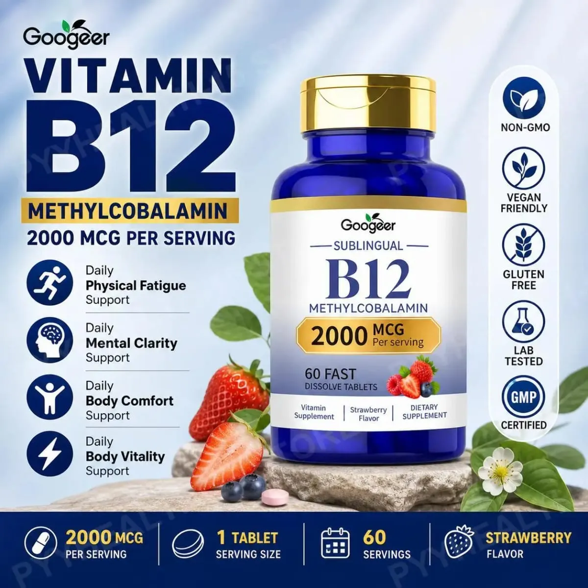 Googeer B12 מתילקובלמין תת-לשוני טבליות להמסה מהירה בטעם תות לתמיכה יומית בנוחות הגוף 60 טבליות