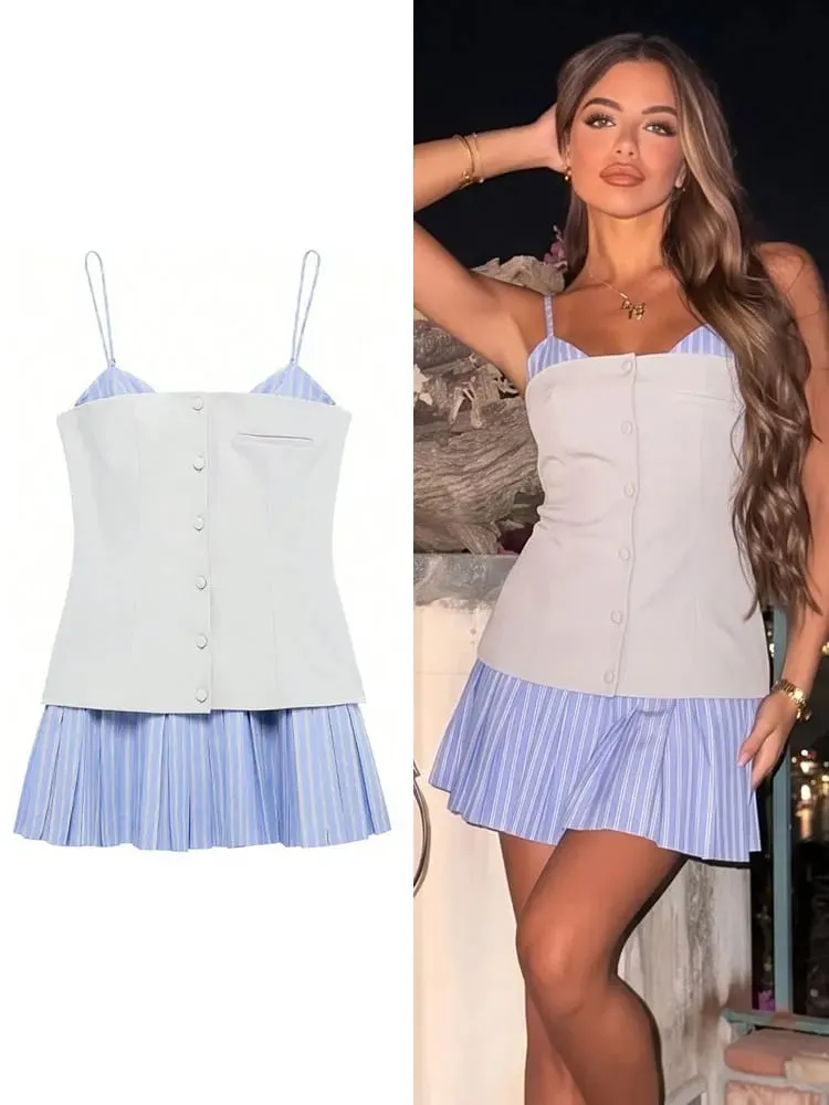 HH נשים אלגנטית מסיבה מזויפת 2 חלקים מוצק Bustier פס קפלים חצאית קיץ חופשת חוף קיץ מזדמן ספגטי רצועת מיני שמלת — image 2