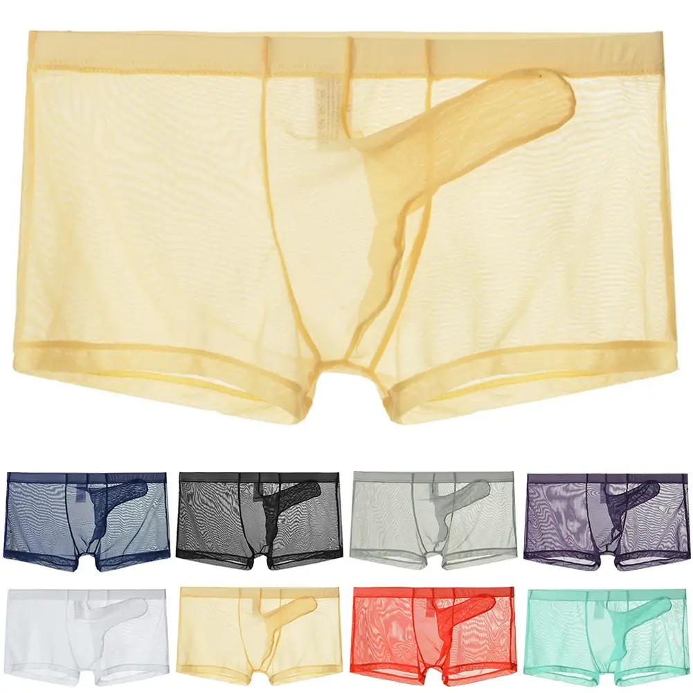 Ropa interior ligera transparente de malla sexi para hombre, calzoncillos Boxer transpirables transparentes, bragas tipo Boxer para hombre con separación de balas