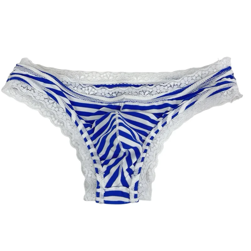 Men Lace Trim Striped G-string Underwear Half-covered Butt Low-rise Pantie Breathable Sexy U Bulge Pouch Comfortable Tong