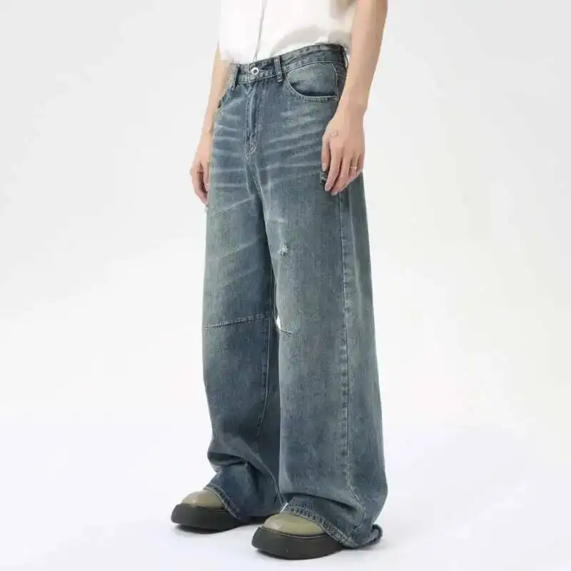 American Style Men's Denim Pants Washing Fashion Loose Men's Straight Trousers Casual Wide Leg Jeans New Summer 2024 9C6303