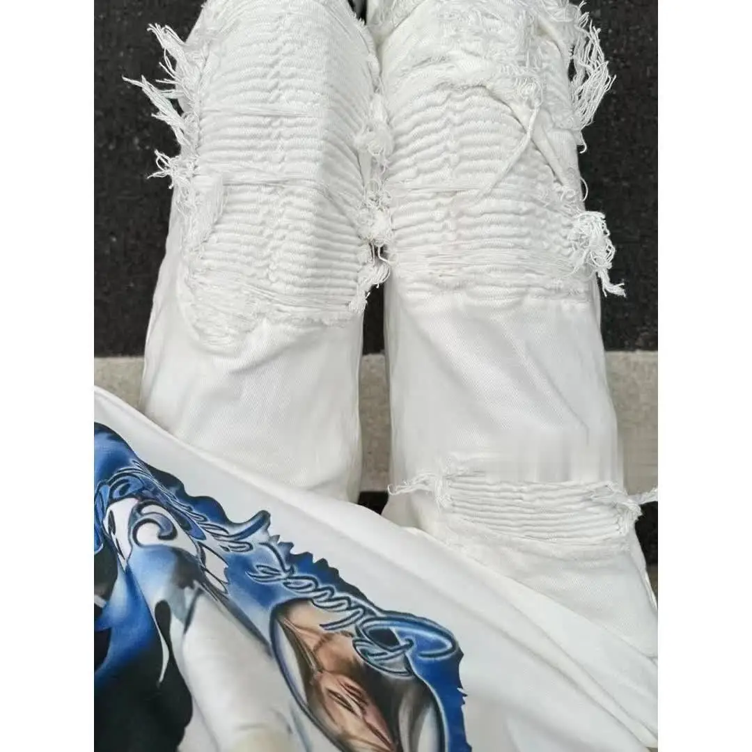 High Street Streetwear Clothing Fog Style Trend Fake Ripped Pleated Jeans Men Summer Cargo Slim Bootcut Designer White Trousers — image 1