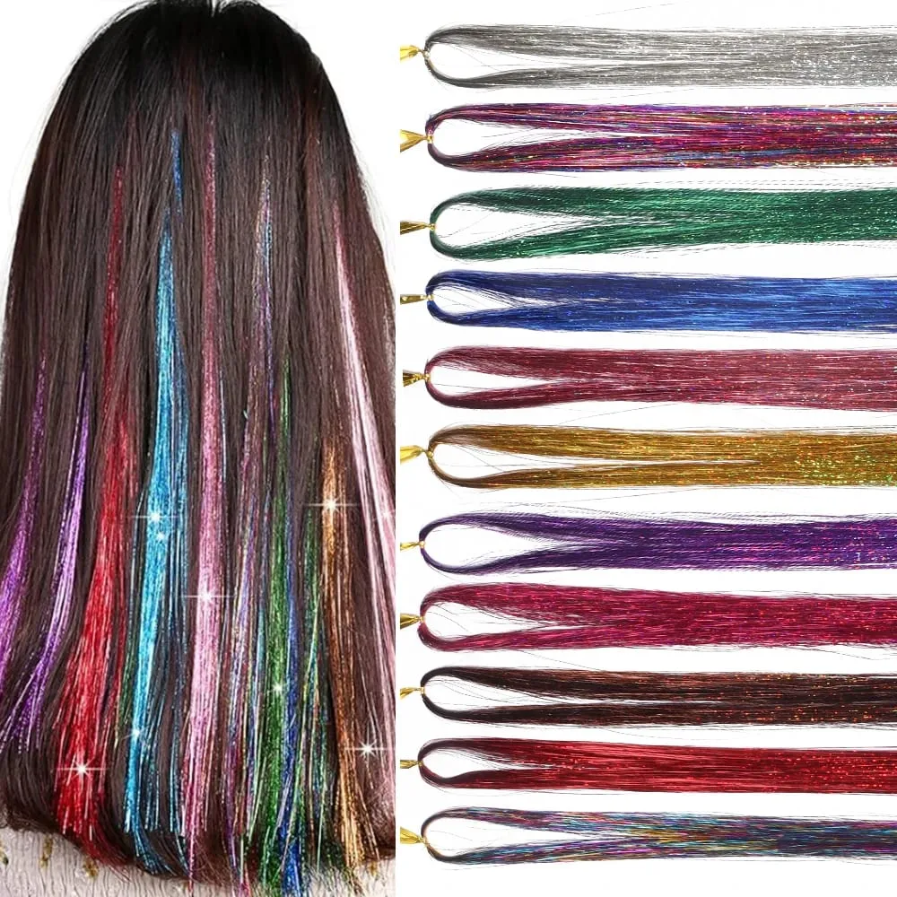 3 τεμ./συσκευασία 120cm Πολύχρωμα PET LLaser Hair Tinsel Strands Μεταλλικά Extensions Μαλλιών για DIY Party Cosplay Αξεσουάρ Μαλλιών — image 2